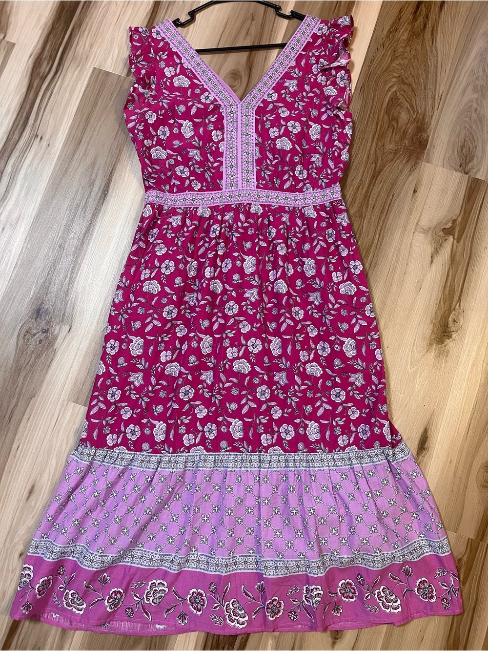 New Loft Size 8 Border Ruffle Midi Pocket Dress Fushia Lilac Floral Boho Tiered